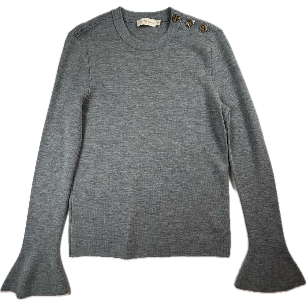 Tory Burch Kimberly Sweater Women M Gray Merino Wool Bell Sleeve Gold Buttons